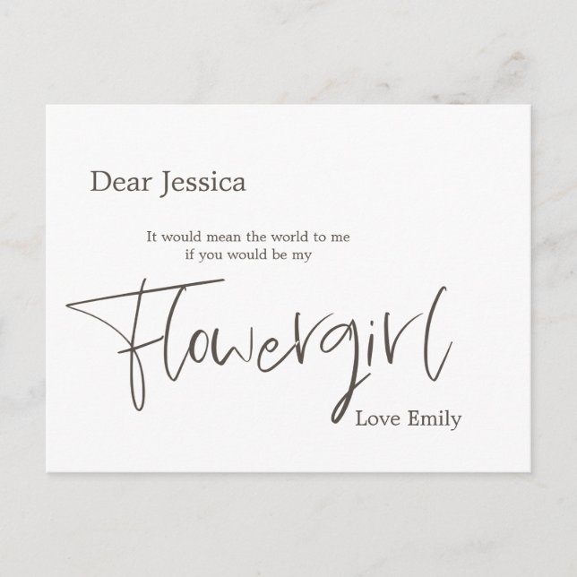 Simplistic Stylish Brown Script Flowergirl Request Postcard (Front)