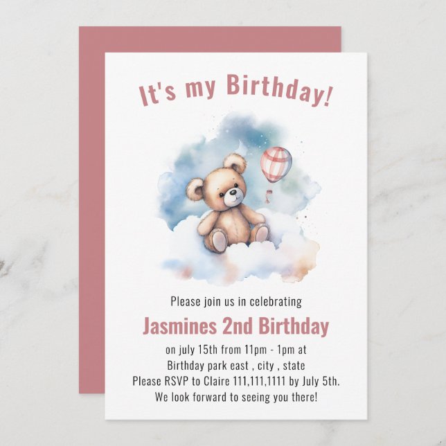 Simplistic teddy bear birthday Invitation (Front/Back)