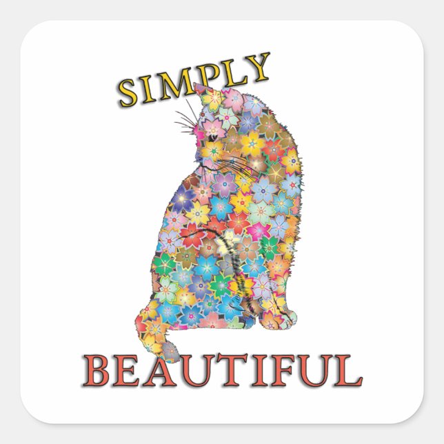 Simply Beautiful Colourful Flowers Cat Love  Square Sticker (Front)