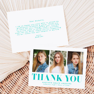 Simply Bold Turquoise 3 Photo Graduation Thank You Card