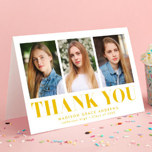 Simply Bold Yellow 3 Photo Graduation Thank You Card