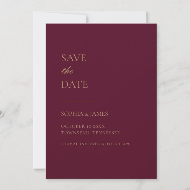 Simply Burgundy Gold Typography Modern Save The Date (Front)