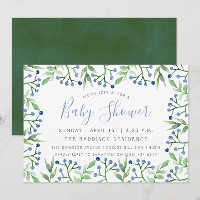 Simply Chic Blueberries Baby Shower Invitations (Front/Back)