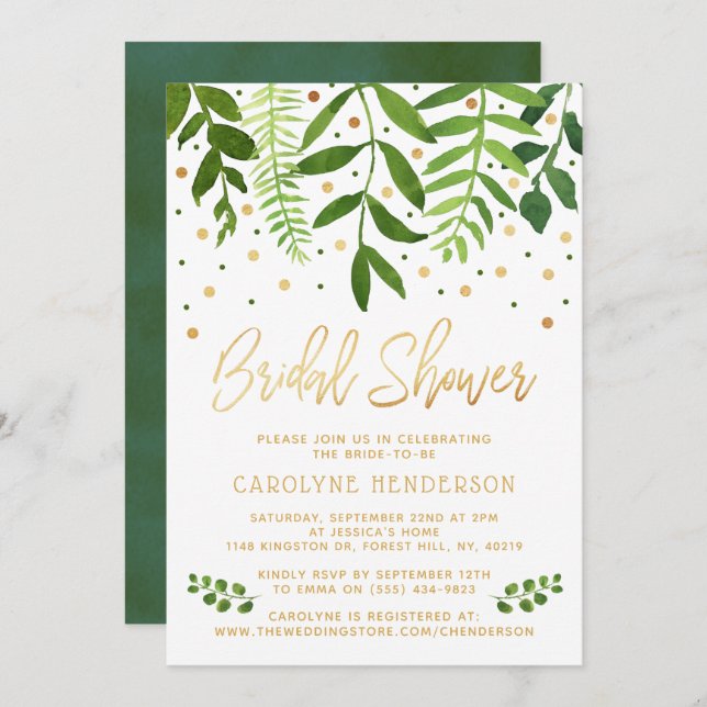 Simply Chic Greenery & Gold Bridal Shower Invitation (Front/Back)