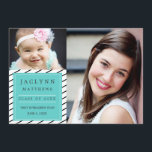 Simply Chic Photo Graduation Party Invitation<br><div class="desc">Two photo design - perfect for a baby picture and recent photo!  Simple white background with diagonal black stripes.  Text is dark grey on an aqua framed rectangle.  The back is black with white text,  and can be easily customized.  Stylish,  modern,  classy - perfect!</div>