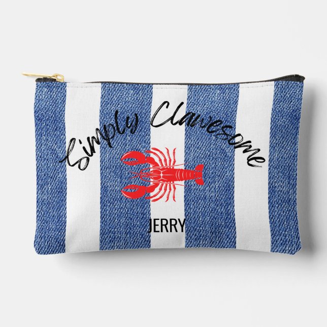 "Simply Clawesome" Lobster on Denim Stripe Pattern Accessory Pouch (Front)