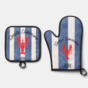 "SIMPLY CLAWESOME" Red Lobster on Denim Stripes Oven Mitt & Pot Holder Set