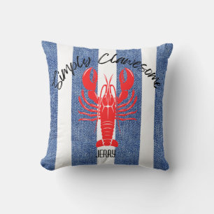 "SIMPLY CLAWESOME" Red Lobster on Denim Stripes Throw Pillow