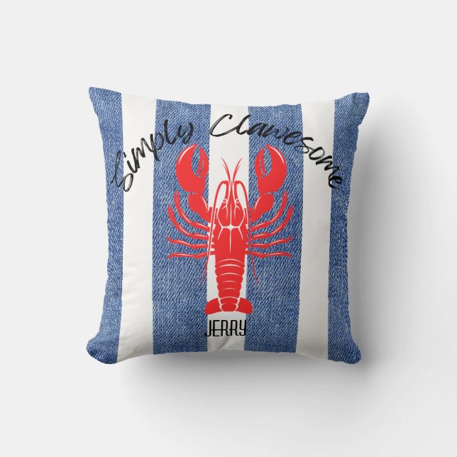 "SIMPLY CLAWESOME" Red Lobster on Denim Stripes Throw Pillow (Front)