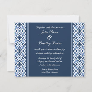Simply Dazzling Damask Wedding Invite, Dark Blue Invitation