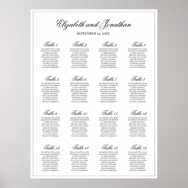 Simply Elegant 16 Table Wedding Seating Chart (Front)