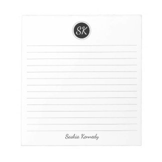 Simply Elegant Black Grey Lined Monogram Name Notepad