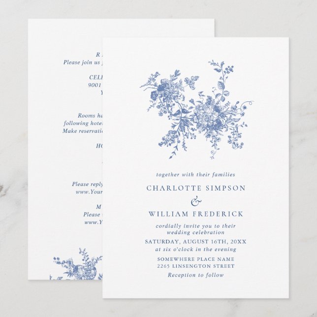 Simply Elegant Blue French Toile Floral Wedding Invitation (Front/Back)