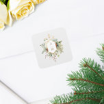 Simply Elegant Christmas Floral Monogram Square Sticker<br><div class="desc">This lovely winter botanical sticker features bouquets of ivory roses and flowers,  red holly berries,  fir and golden snowflakes surrounding an elegant gold label for your monogram on a pale pearl grey background. Includes editable text fields.</div>