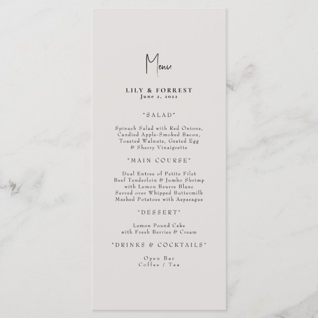 Simply Elegant Cream Wedding  Menu (Front)