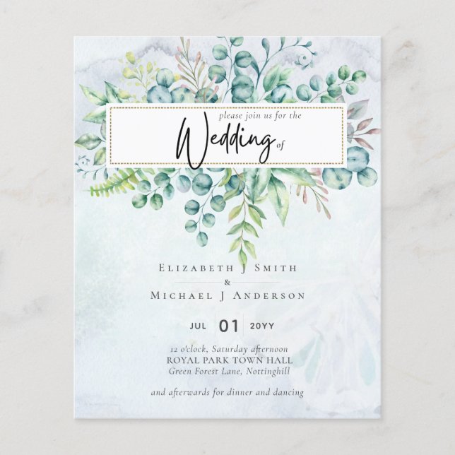 Simply Elegant Dusty Blue Eucalyptus BUDGET Invite Flyer (Front)
