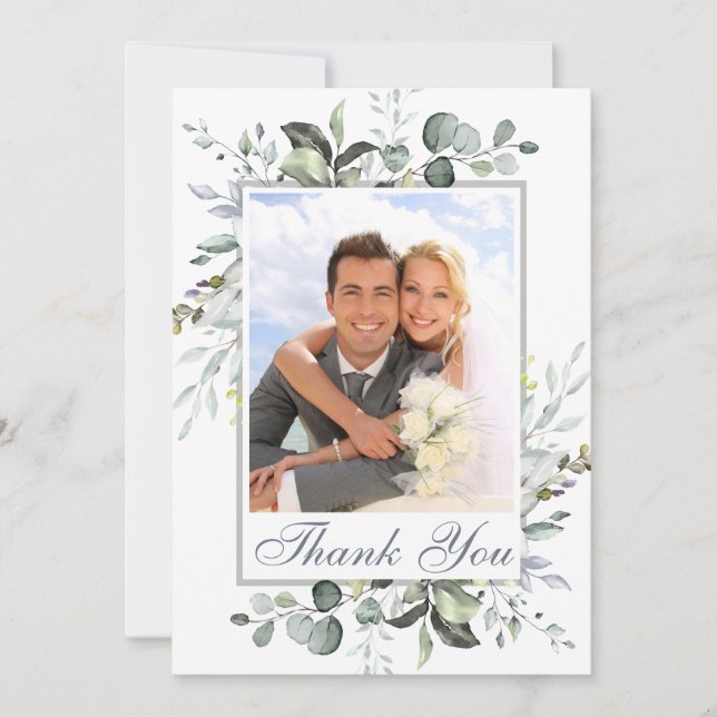 Simply Elegant Eucalyptus Greenery Wedding PHOTO Thank You Card (Front)