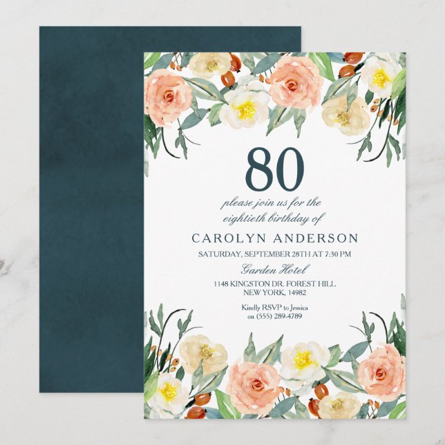 Simply Elegant Floral Any Age Birthday Party Invitation (Front/Back)