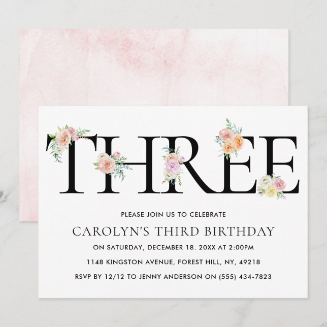 Simply Elegant Floral THREE 3rd Birthday Invitation (Front/Back)