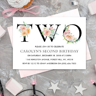Simply Elegant Floral TWO 2nd Birthday Party Invitation