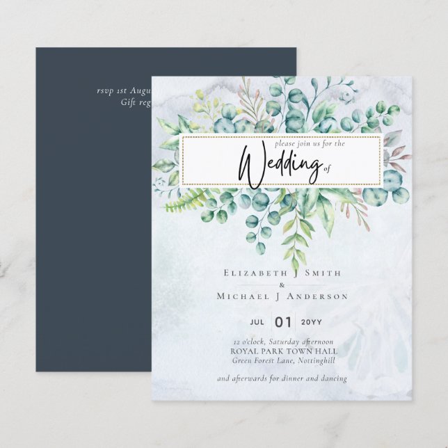 Simply Elegant Grey Blue Eucalyptus BUDGET Invite (Front/Back)