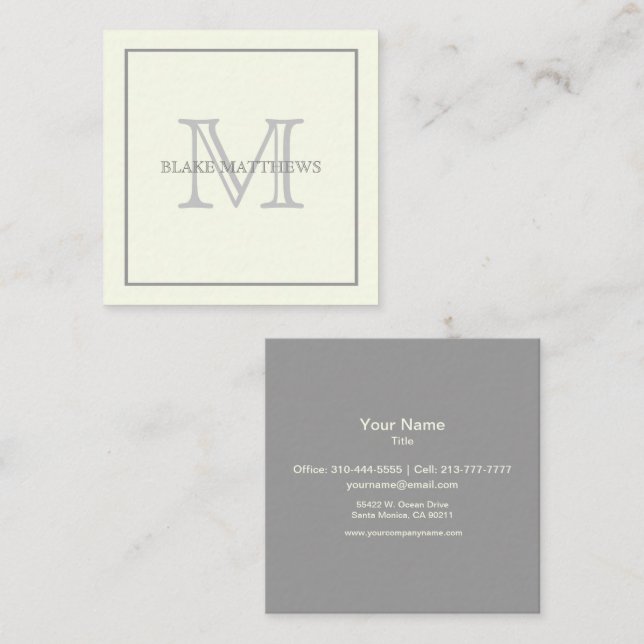 Simply Elegant Ivory Grey Custom Monogram Square Business Card (Front/Back)