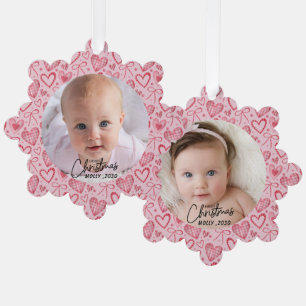 Simply Elegant Merry Christmas 2 Photo Pink hearts Ornament Card