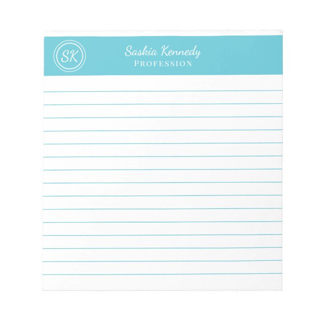 Simply Elegant Ocean Blue Lined Monogram Notepad (Front)