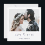 Simply Elegant Photo Wedding Save the Date Invite<br><div class="desc">This simply chic square photo wedding save the date card template features an elegant, minimalist, modern design. The text and text elements on both sides are an elegant medium dark shade of blue. Please browse our shop for versions of this design in a rectangular format in flat card, postcard and...</div>