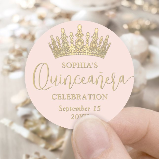 Simply Elegant Quinceañera Crown Blush Pink & Gold Classic Round Sticker (Creator Uploaded)