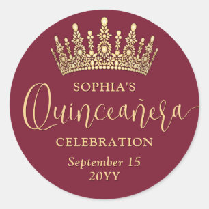 Simply Elegant Quinceañera Crown Burgundy and Gold Classic Round Sticker