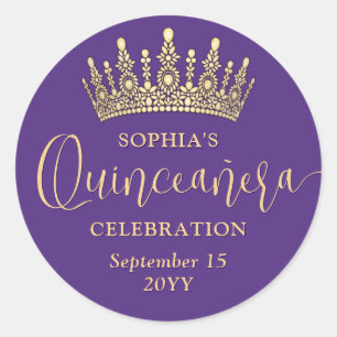 Simply Elegant Quinceañera Crown Purple and Gold Classic Round Sticker