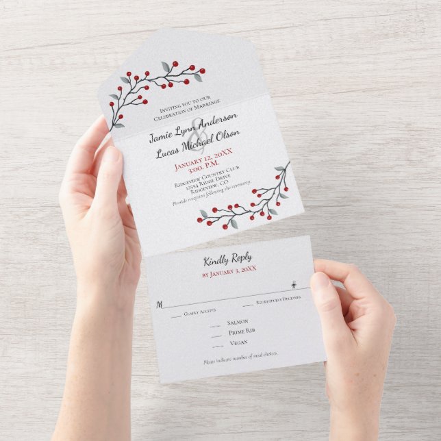 Simply Elegant Red Winter Berries All In One Invitation (Tearaway)