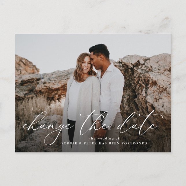 Simply Elegant Script Photo Change the Date Announcement Postcard (Front)