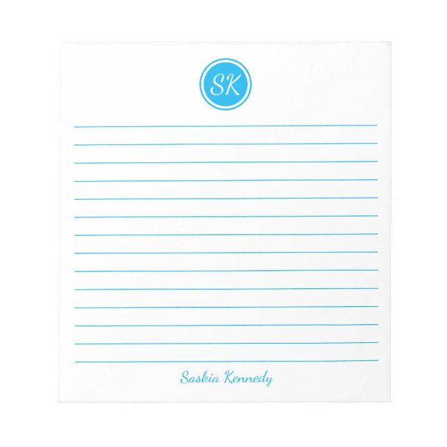 Simply Elegant Sky Blue Lined Monogram Name Notepad (Front)