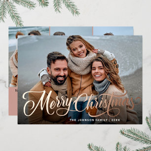 Simply Elegant Sparkle Christmas 4 PHOTO Rose Gold Foil Holiday Card