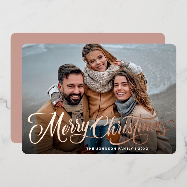 Simply Elegant Sparkle Christmas PHOTO Rose Gold Foil Holiday Card (Front/Back)