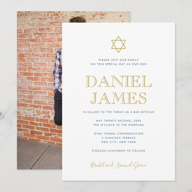 Simply Elegant Star,  Photo on Back, Bar Mitzvah Invitation (Front/Back)