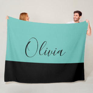 Simply Elegant Teal With Black Trim Personalized Fleece Blanket