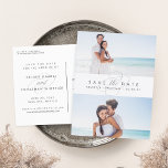 Simply Elegant Two Photo Save the Date Announcement Postcard<br><div class="desc">Say yes to these beautiful save the date postcards and announce your big day to friends and family in chic style! Flat save the date postcards feature two of your favourite engagement photos intersected by a white banner displaying "save the date" and your names and date in elegant grey lettering...</div>