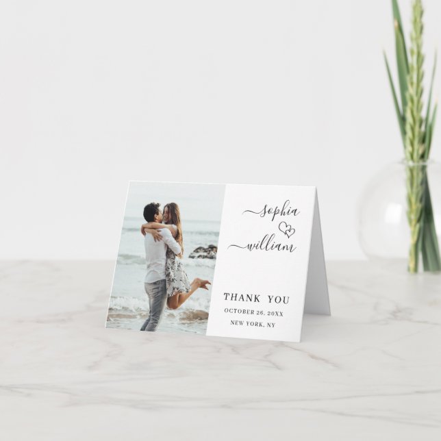 Simply Elegant Wedding Heart Simple 2 Photo Thank You Card (Front)