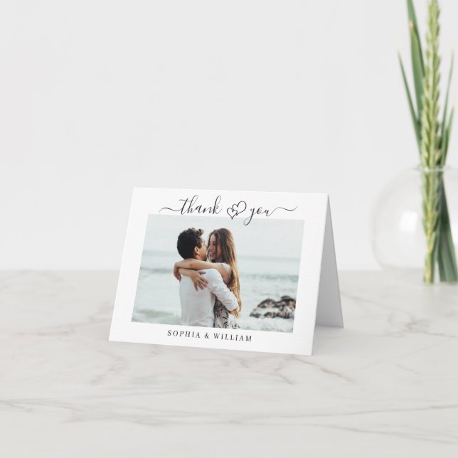 Simply Elegant Wedding Hearts Simple 2 Photo Thank You Card (Front)