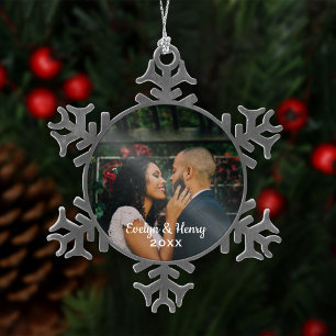 Simply Elegant Wedding Photo White Script Monogram Snowflake Pewter Christmas Ornament
