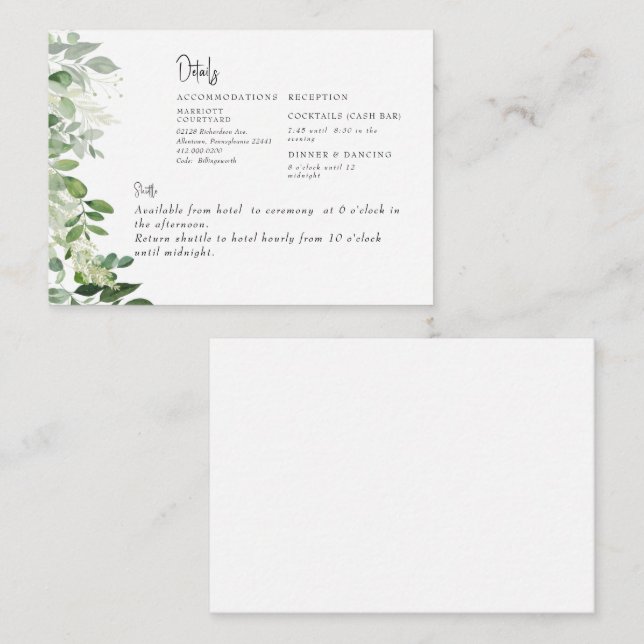 Simply Eucalyptus Foliage Cash Bar & Shuttle  Enclosure Card (Front/Back)