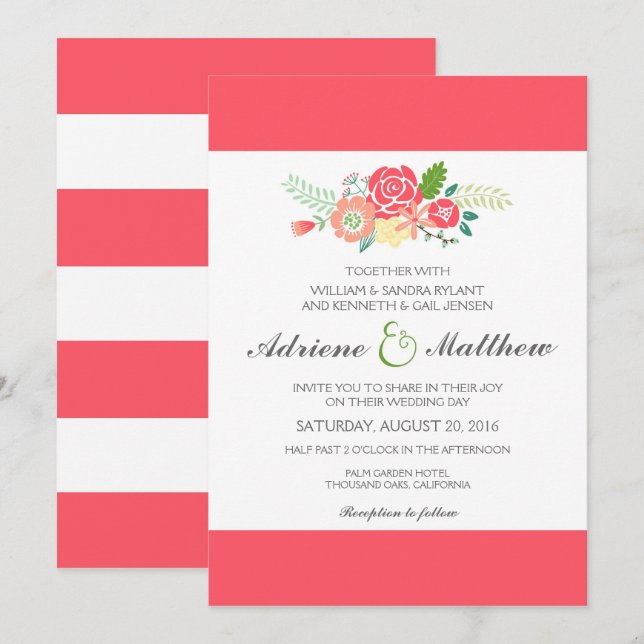 Simply Floral & Stripes Wedding Invitation / Coral (Front/Back)