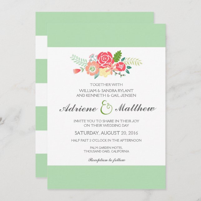 Simply Floral & Stripes Wedding Invitation / Mint (Front/Back)