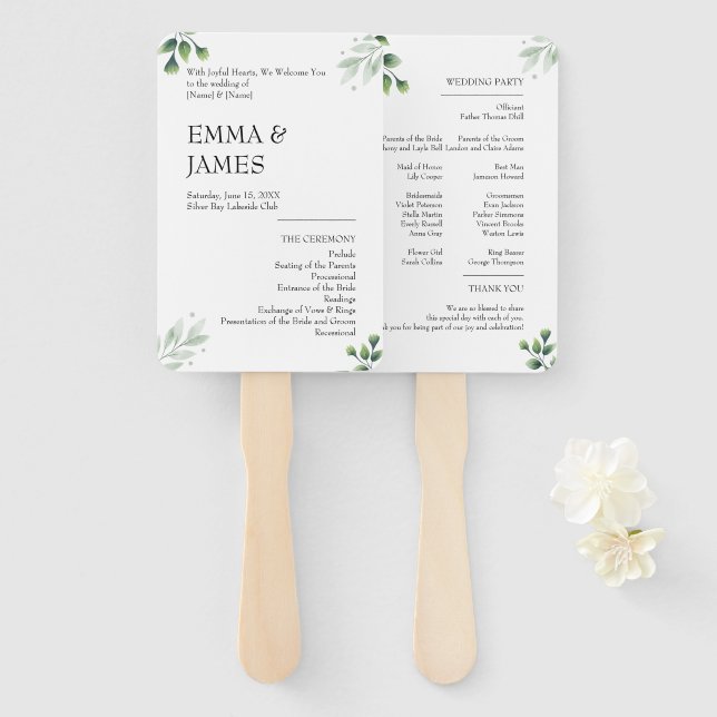 Simply Greenery Wedding Program Invitation Hand Fan (Front and Back)