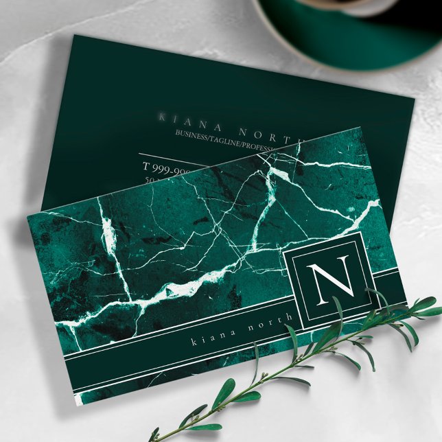 Simply Marble Monogram Green White Std ID672 Business Card (Creator Uploaded)