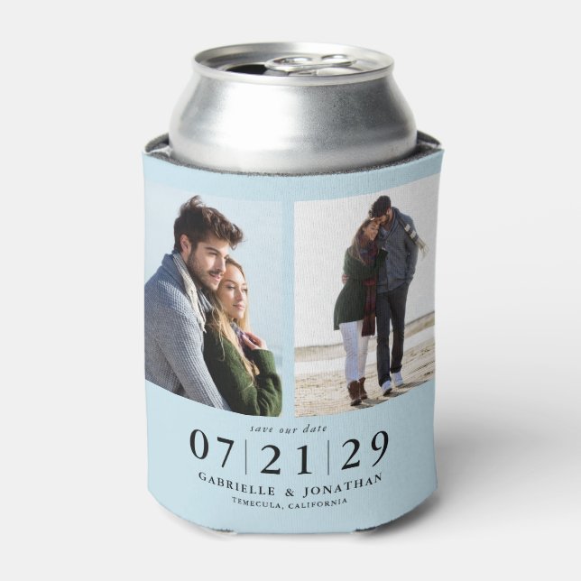 Simply Minimal Light Blue 2 Photo Save The Date Can Cooler (Can Front)