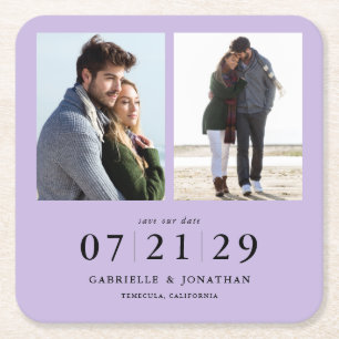 Simply Minimal Light Purple 2 Photo Save The Date Square Paper Coaster